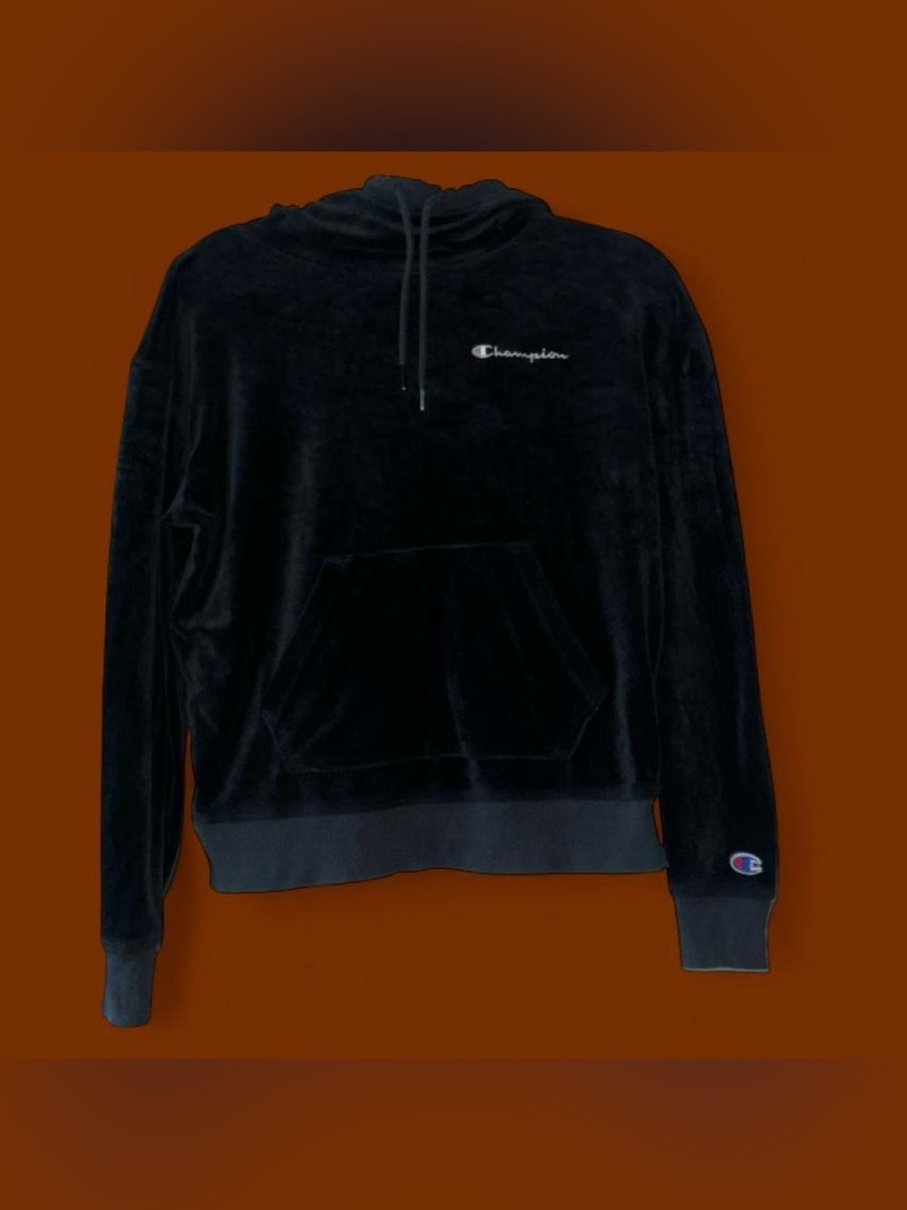 Champion Black Velour Pullover Hoodie with Embroidered Script